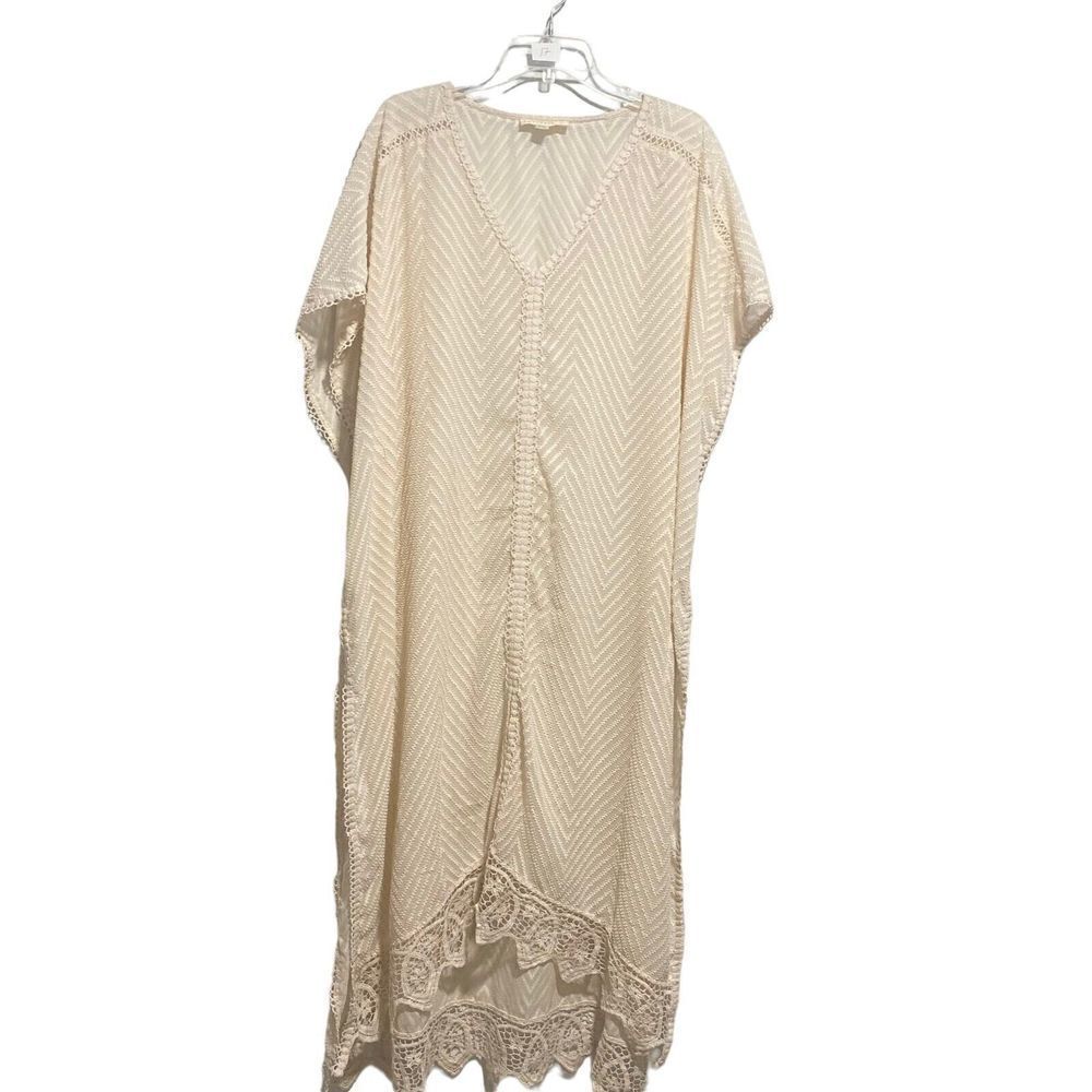 Lovestitch Ivory Kaftan Dress S/M Chevron V-Neck Crochet Lace Trim‎ Resortwear